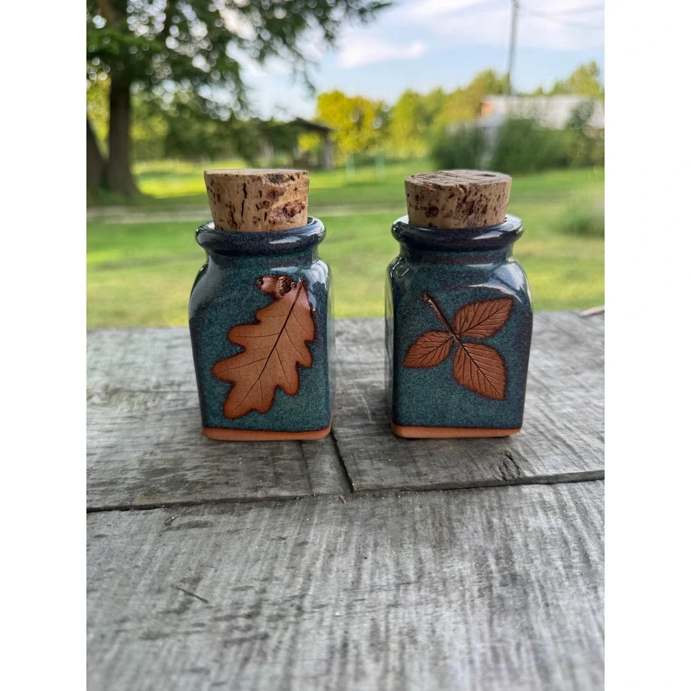 Vintage 1997 Signed Studio Pottery Teal Glaze Leaf Spice Jars with Cork Set of 2